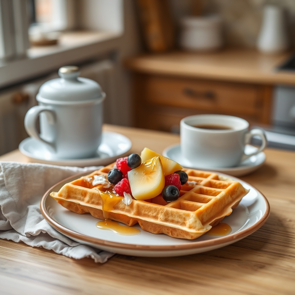 Prato pronto: Waffle de tapioca low carb, servido com uma xícara de café